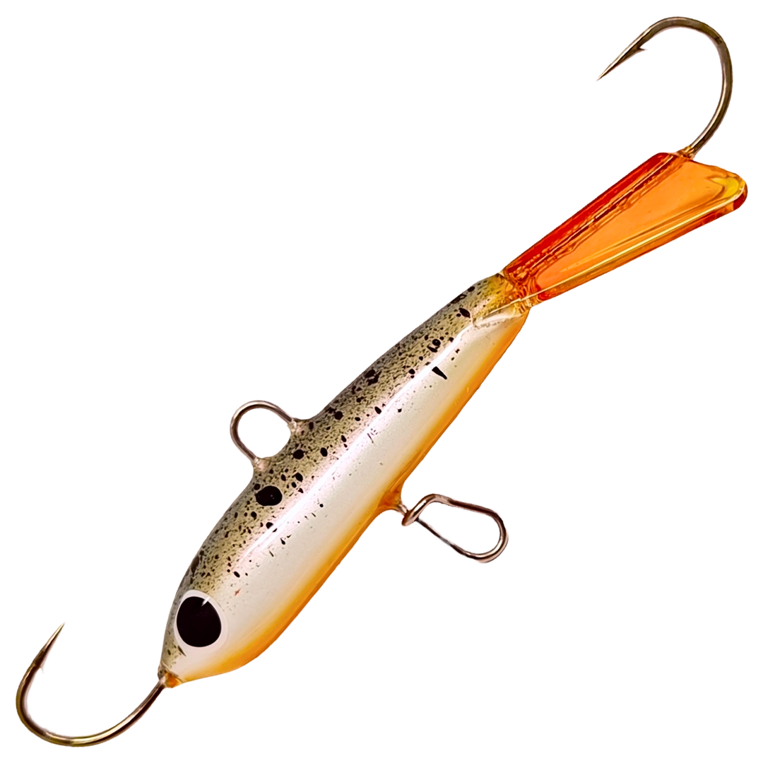 Pilkkipaja Pommi Levypyrstö Tasapaino 78mm 18g, väri Splatter: valkoinen kylki mustin pilkuin, oranssi vatsa, oranssi pyrstö