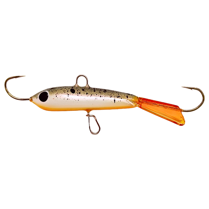 Pilkkipaja Pommi Levypyrstö Tasapaino 78mm 18g Splatter sivulta, pää vasemmalla