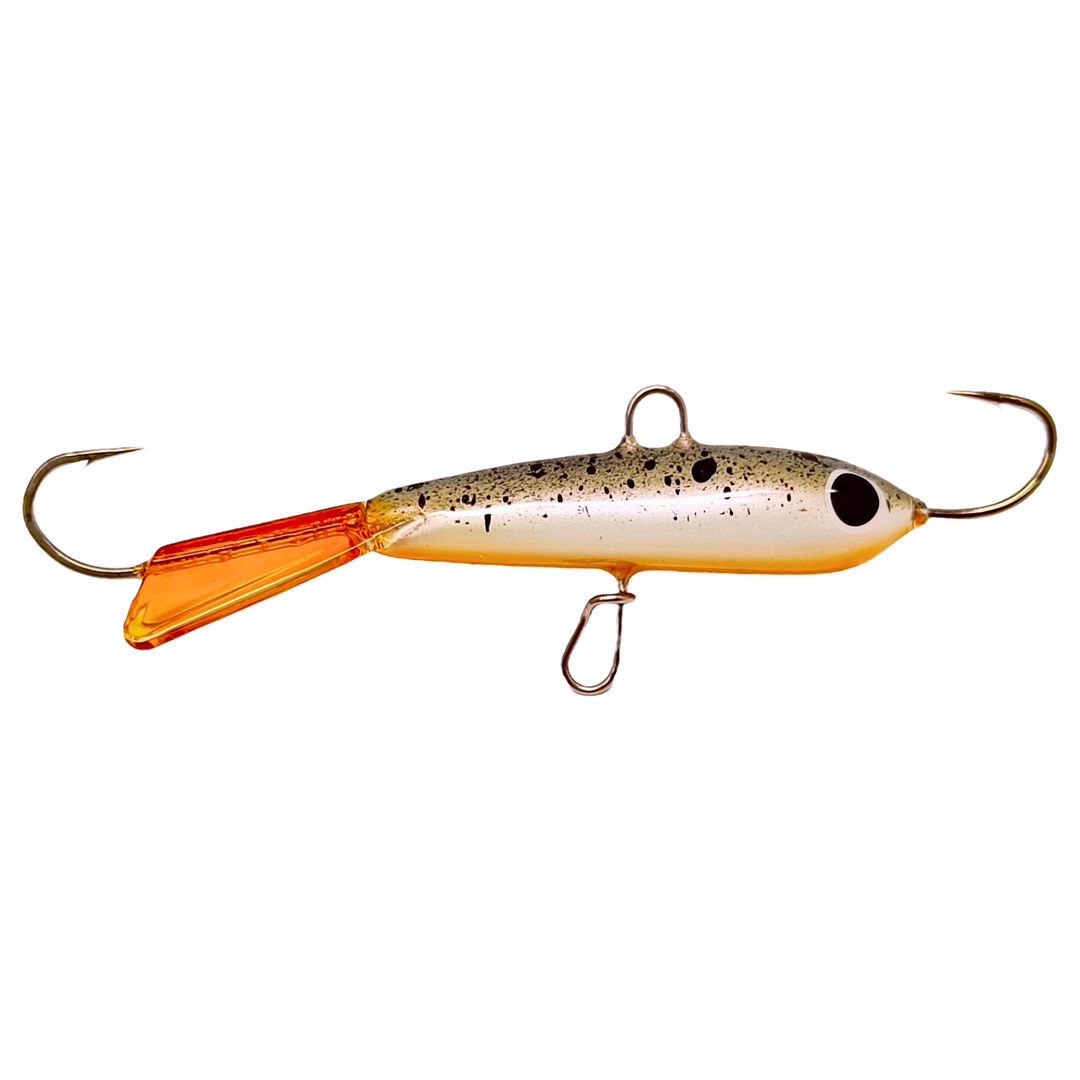 Pilkkipaja Pommi Levypyrstö Tasapaino 78mm 18g Splatter sivulta, pää oikealla