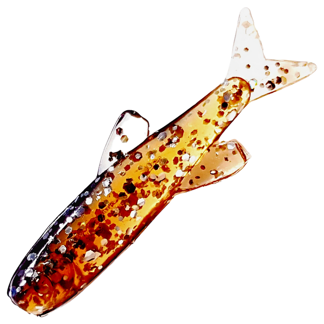 Ruthless Orka Small Fish Jigi 3cm, väri SF04: läpikuultava ruskea runko sekä oranssit ja mustat hileet