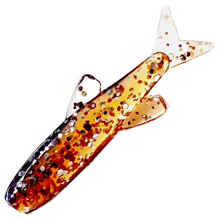 Ruthless Orka Small Fish Jigi 3cm, väri SF04: läpikuultava ruskea runko sekä oranssit ja mustat hileet