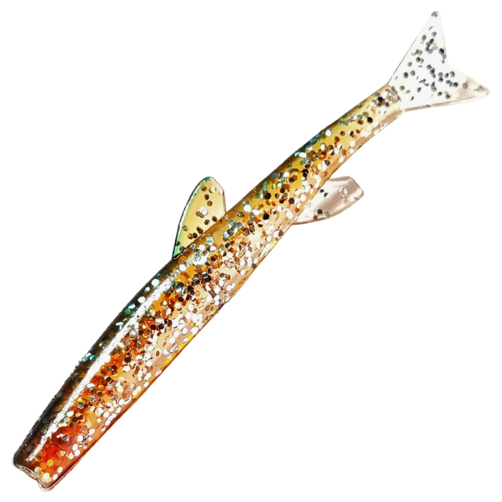 Ruthless Orka Small Fish Jigi 7cm, väri SF04: läpikuultava ruskea runko sekä oranssit ja mustat hileet