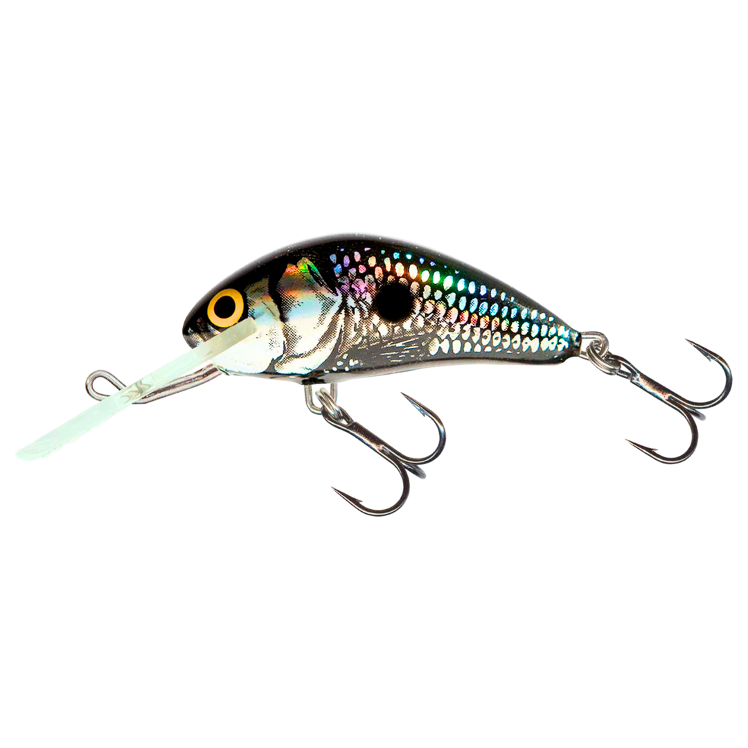 Salmo Hornet 4cm 3g Kelluva vaappu BSS - Black Silver Shad sivulta, pää vasemmalla