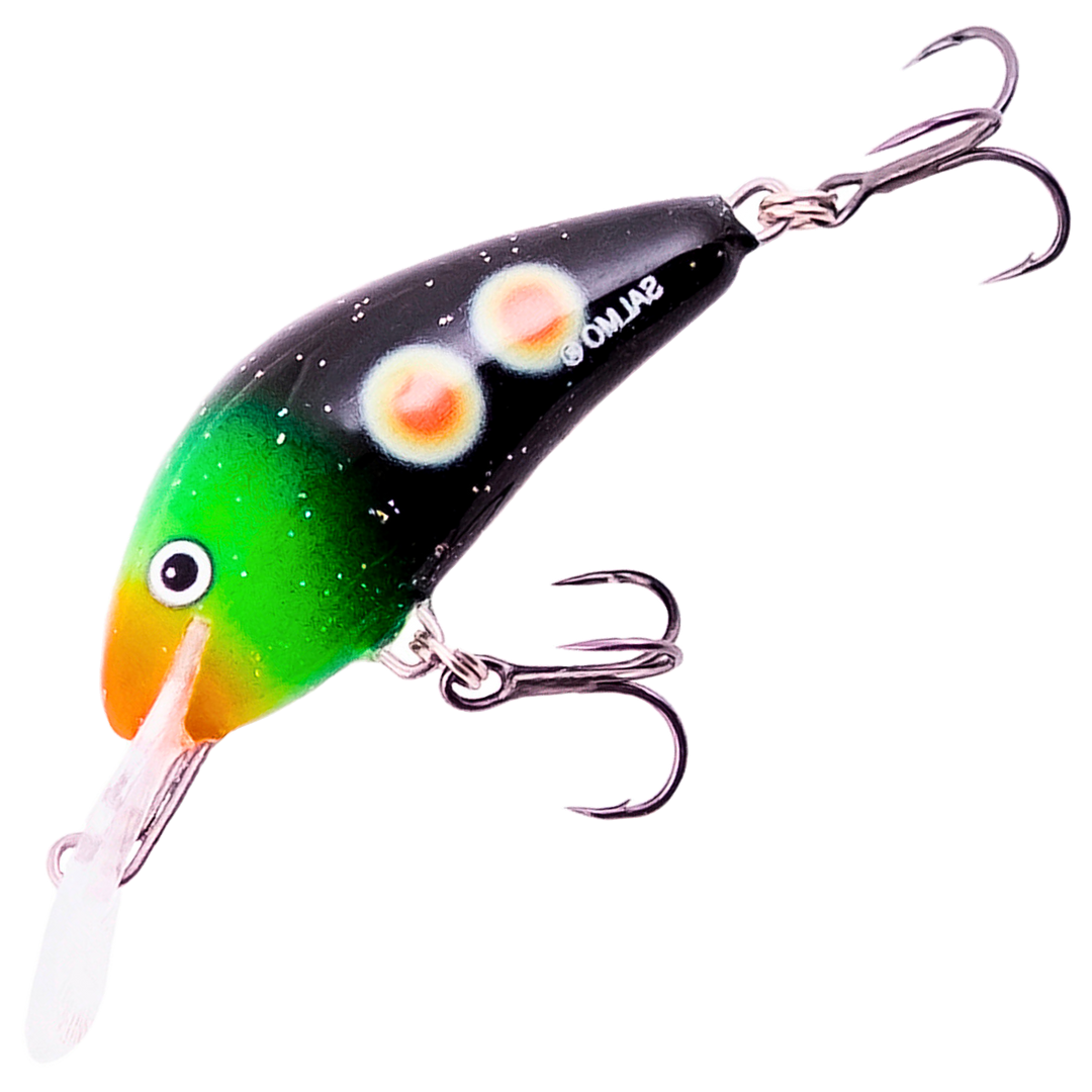 Salmo Hornet 4cm 3g Kelluva vaappu, väri GGL: musta runko, vihreä pää ja oranssi leuka