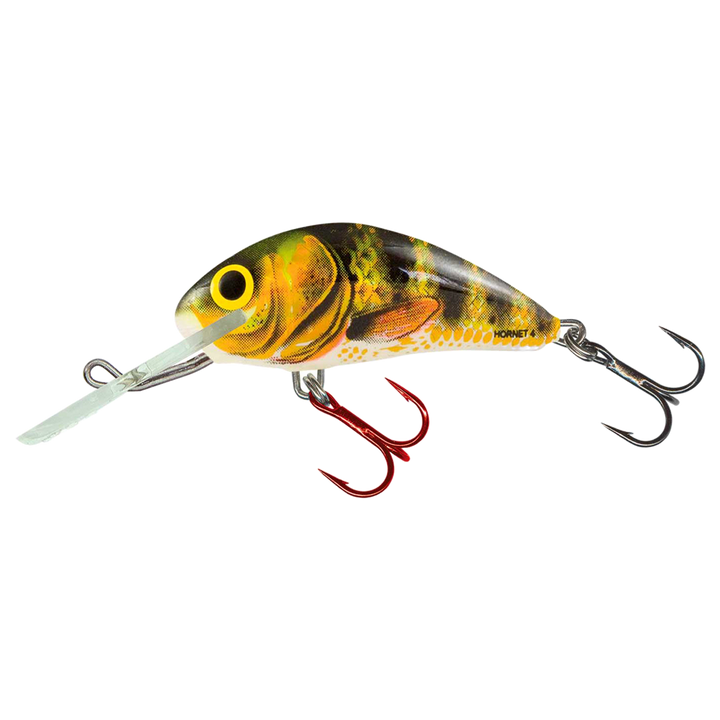 Salmo Hornet 4cm 3g Kelluva vaappu (RIT) Real Identity Perch sivulta, pää vasemmalla