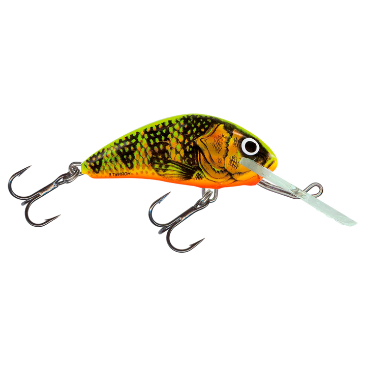 Salmo Hornet 5cm 7g Kelluva Vaappu Gold Fluo Perch sivulta, pää oikealla
