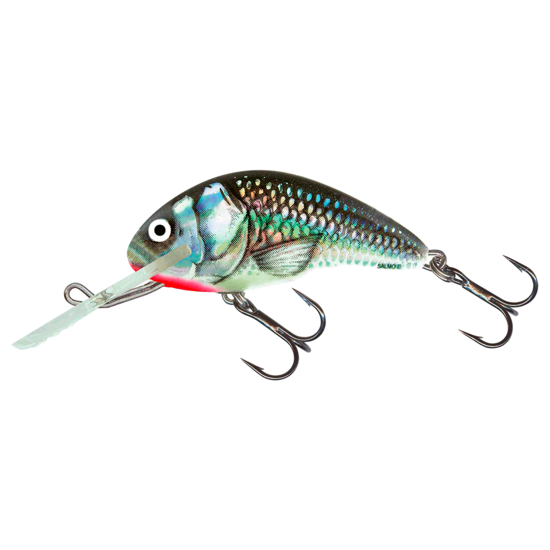 Salmo Hornet 5cm 7g Kelluva Vaappu Holographic Grey Shiner sivulta, pää vasemmalla