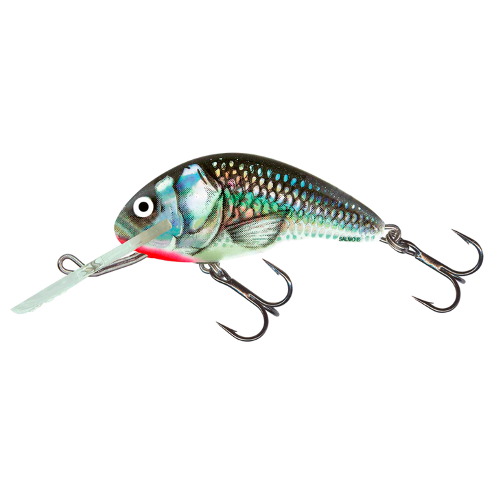 Salmo Hornet 5cm 7g Kelluva Vaappu Holographic Grey Shiner sivulta, pää vasemmalla