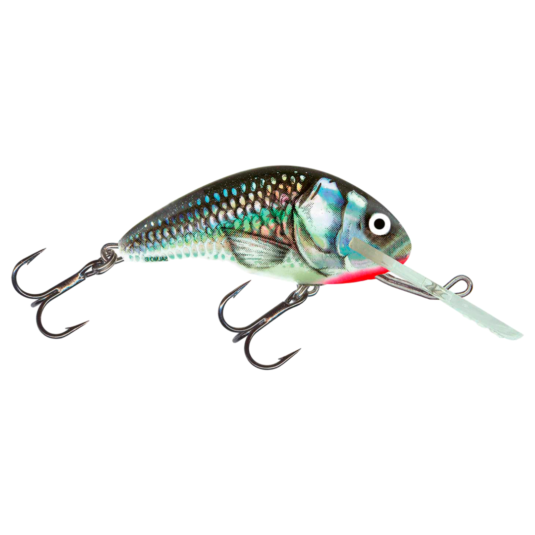 Salmo Hornet 5cm 7g Kelluva Vaappu Holographic Grey Shiner sivulta, pää oikealla