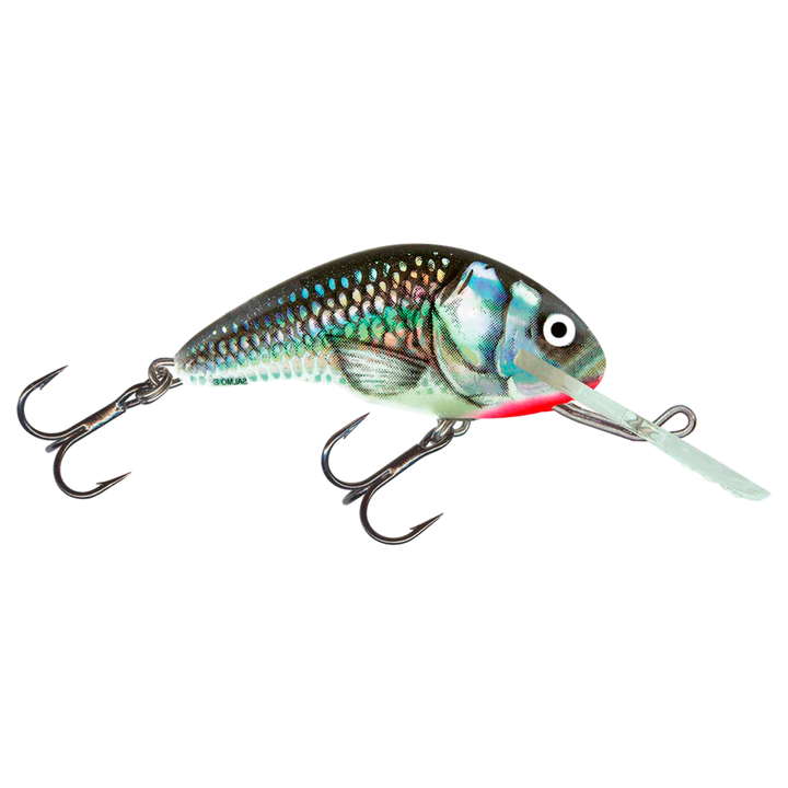 Salmo Hornet 5cm 7g Kelluva Vaappu Holographic Grey Shiner sivulta, pää oikealla