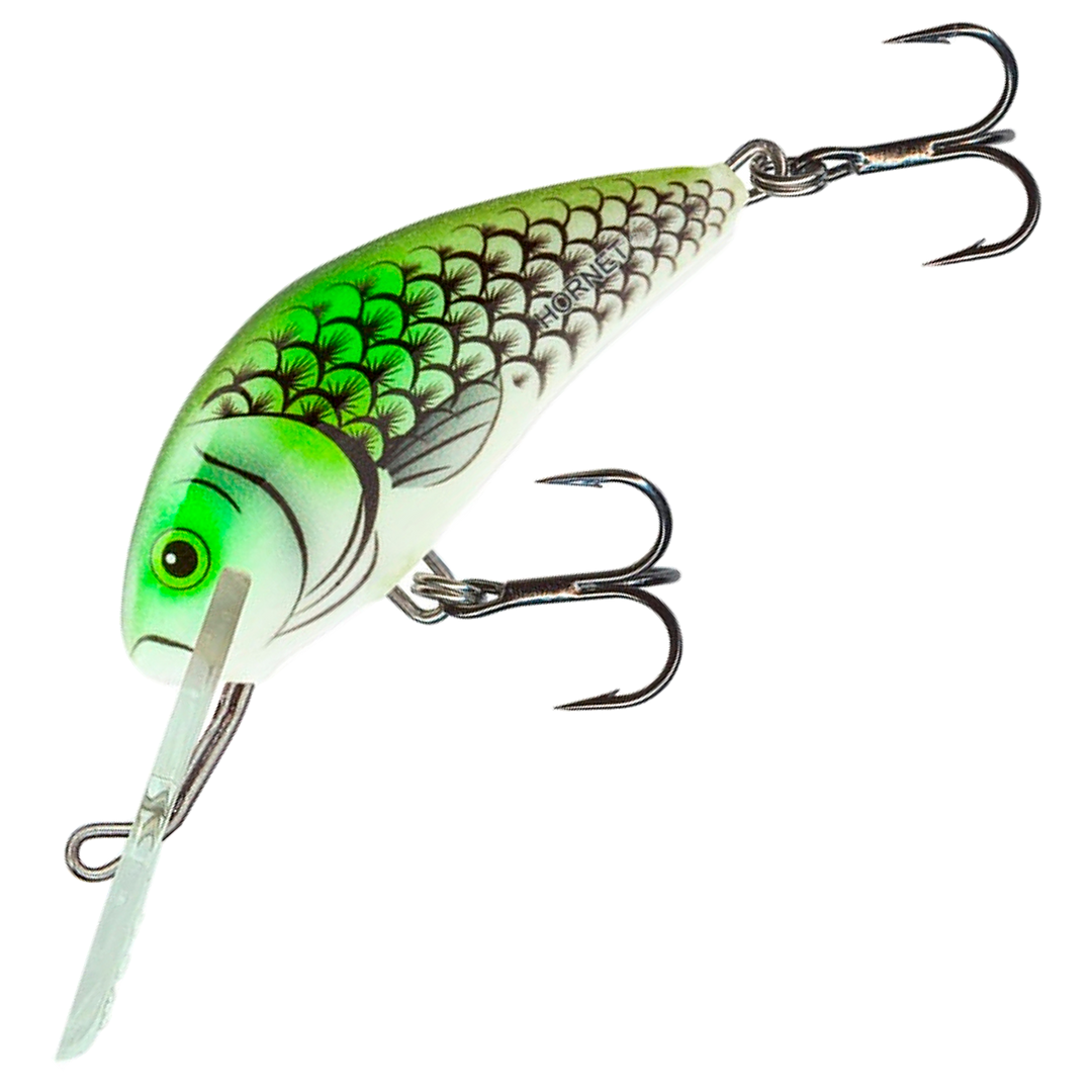 Salmo Hornet 5cm 7g Kelluva Vaappu, väri Olive Hot Spot: vihreä suomukuvio ja hopeinen kylki