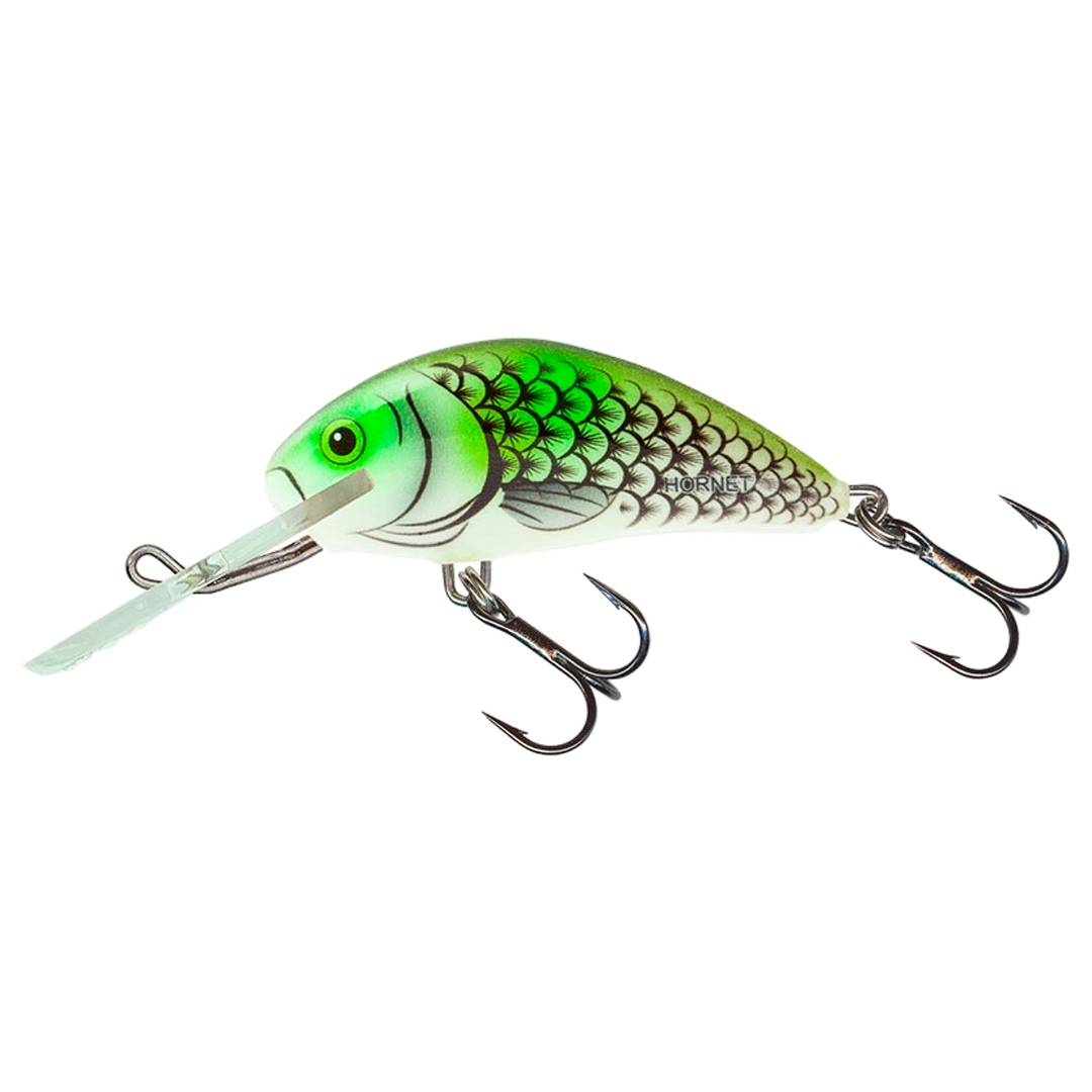 Salmo Hornet 5cm 7g Kelluva Vaappu Olive Hot Spot sivulta, pää vasemmalla