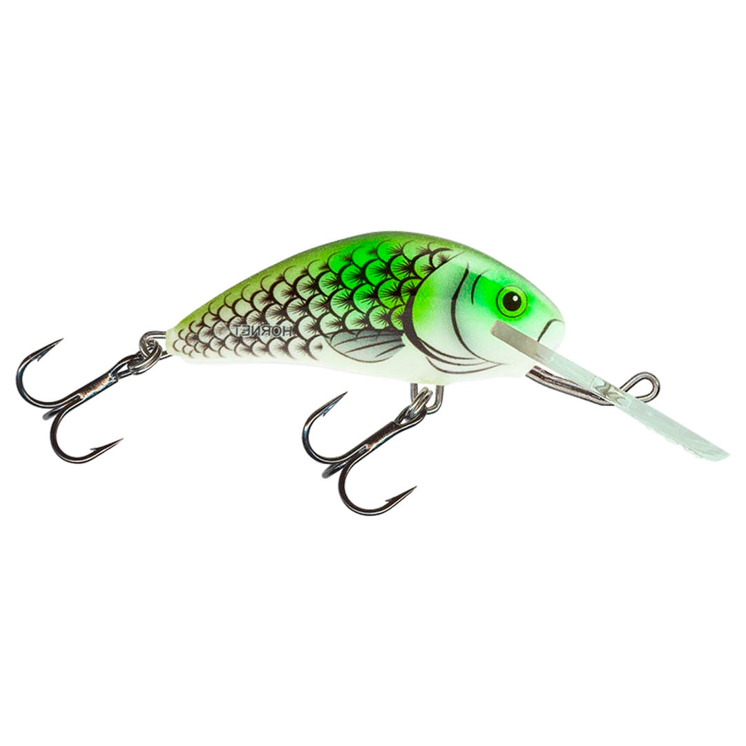 Salmo Hornet 5cm 7g Kelluva Vaappu Olive Hot Spot sivulta, pää oikealla