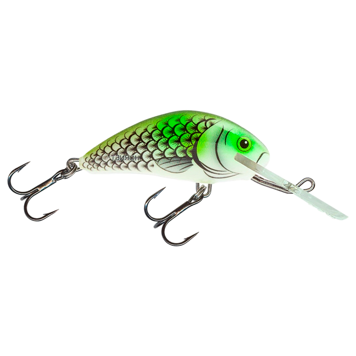 Salmo Hornet 5cm 7g Kelluva Vaappu Olive Hot Spot sivulta, pää oikealla