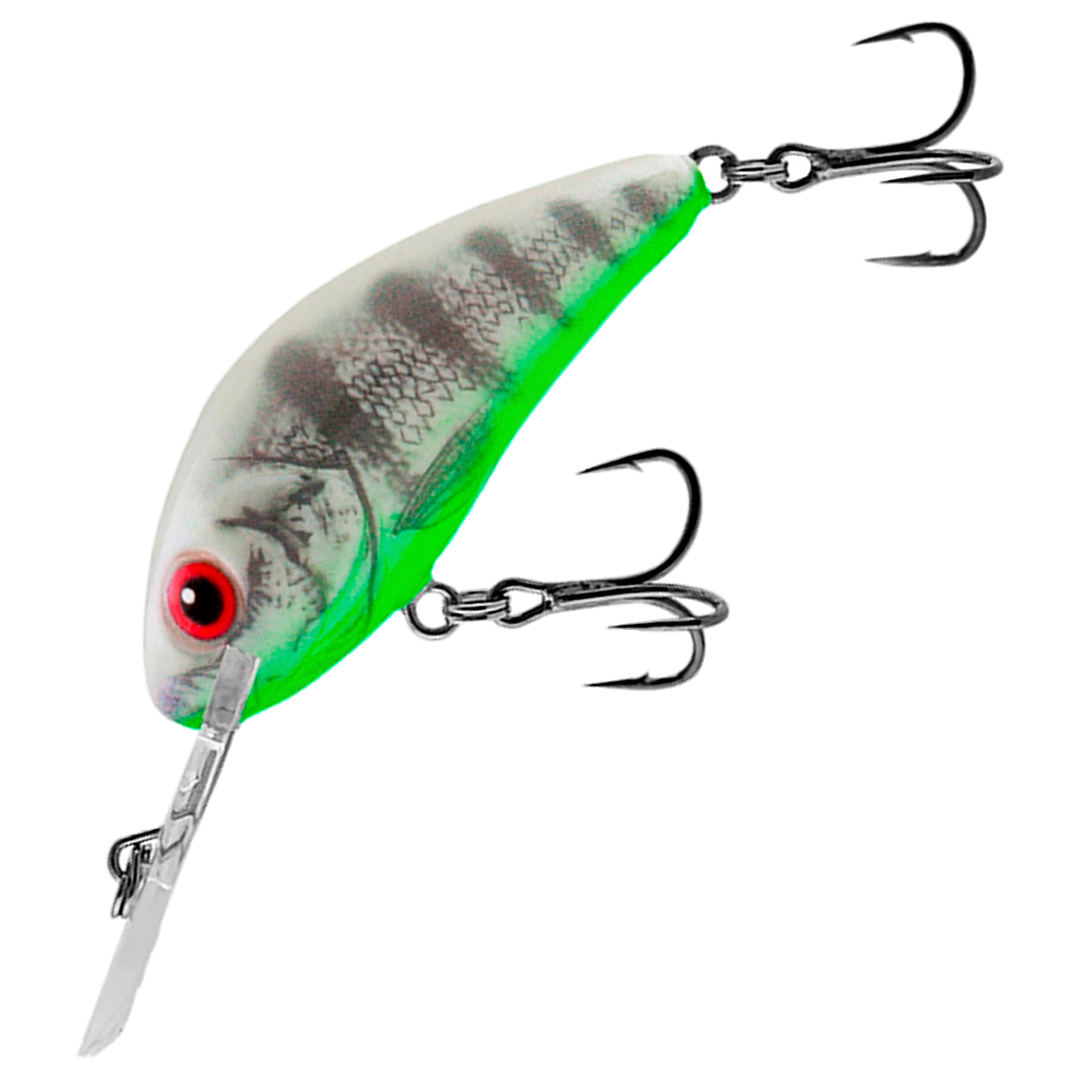 Salmo Rattlin' Hornet Kelluva Vaappu 4.5cm 6g, väri Ghost Perch: harmaa läpikuultava runko, tummat raidat ja vihreä vatsa