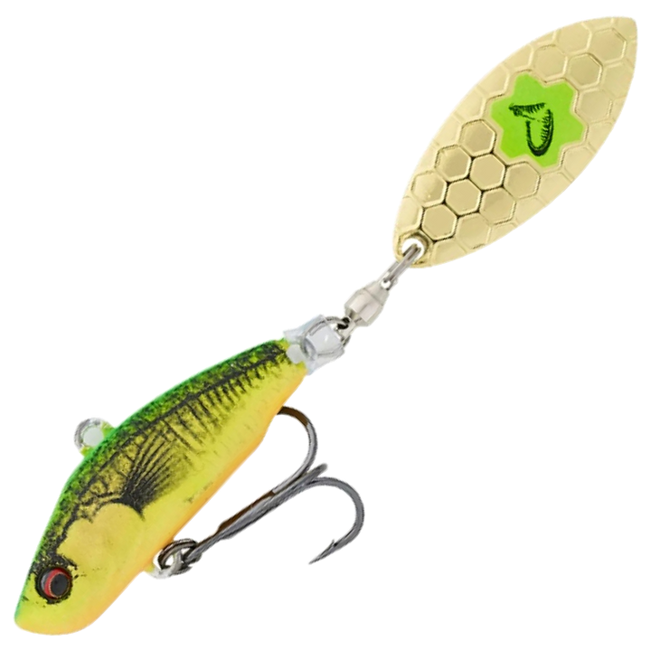 Savage Gear 3D Sticklebait Spintail 6.5cm 9g, väri Firetiger: vihreä selkä, keltainen kylki ja kultainen lippa
