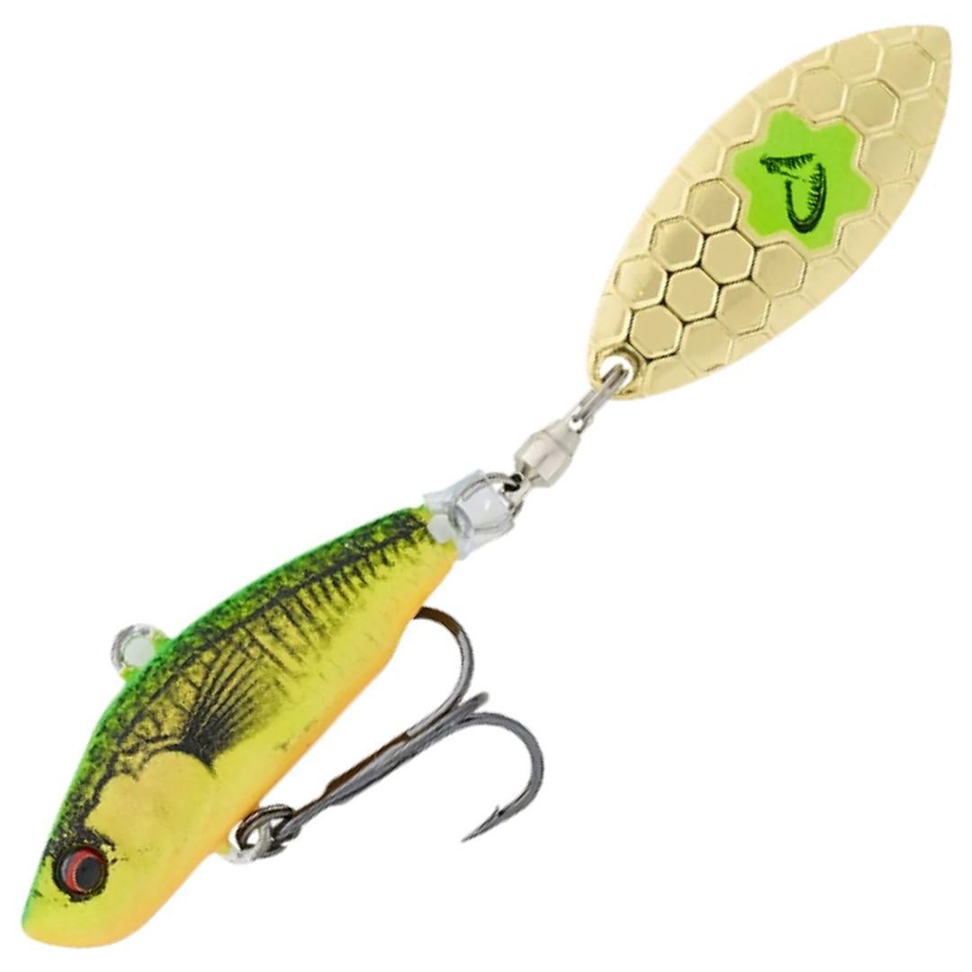 Savage Gear 3D Sticklebait Spintail 7.3cm 13g, väri Firetiger: vihreä selkä, keltainen kylki ja kultainen lippa