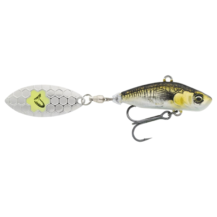 Savage Gear 3D Sticklebait Spintail 8cm 18g Green Silver Ayu sivulta, pää oikealla
