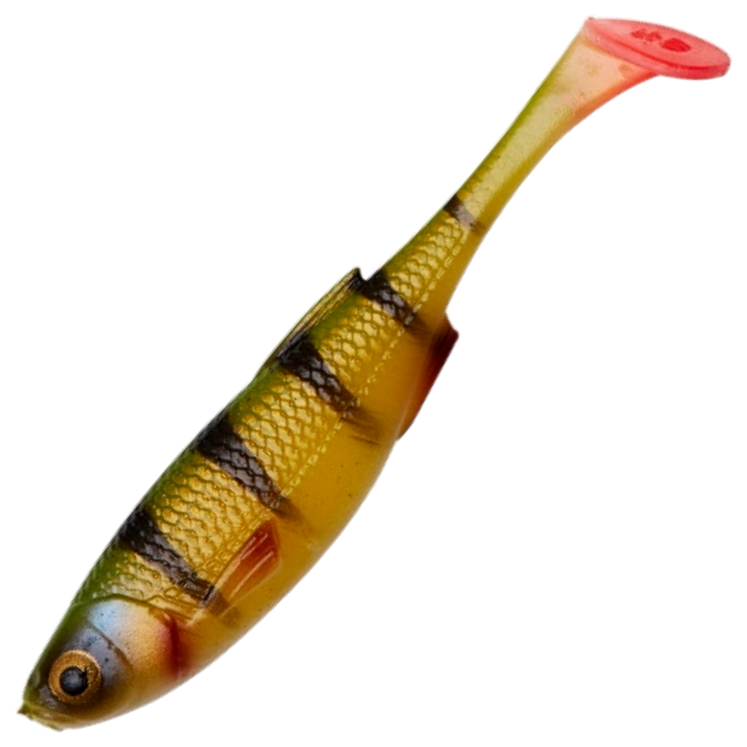Savage Gear Craft Shad Jigi 7.2cm 2.6g, väri Perch: kellanruskea runko, tummat raidat ja punainen pyrstö