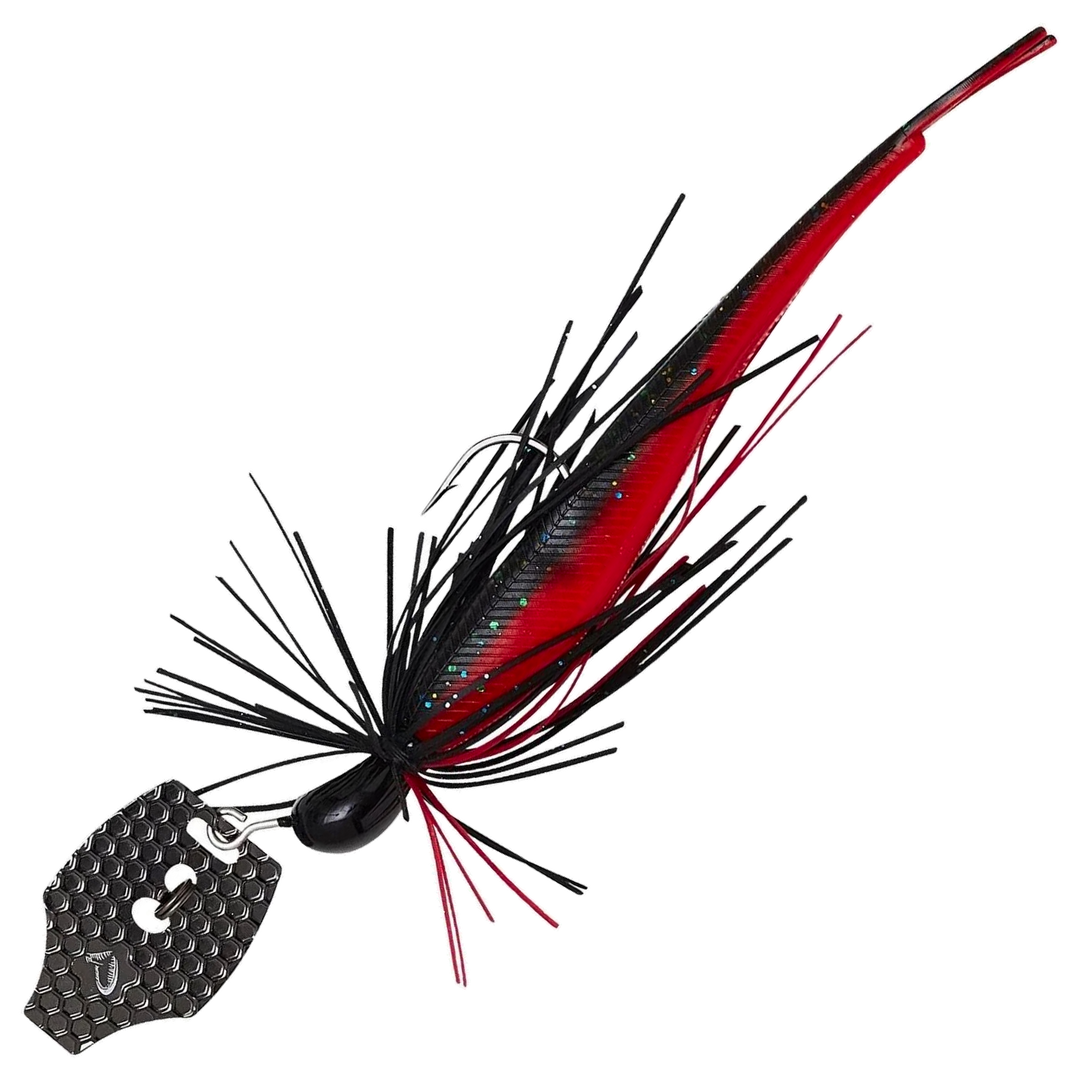 Savage Gear Crazy Swim Jig Chatterbait 10cm 8.5g, väri Black N Red: musta pää ja helma, musta ja punainen trailer