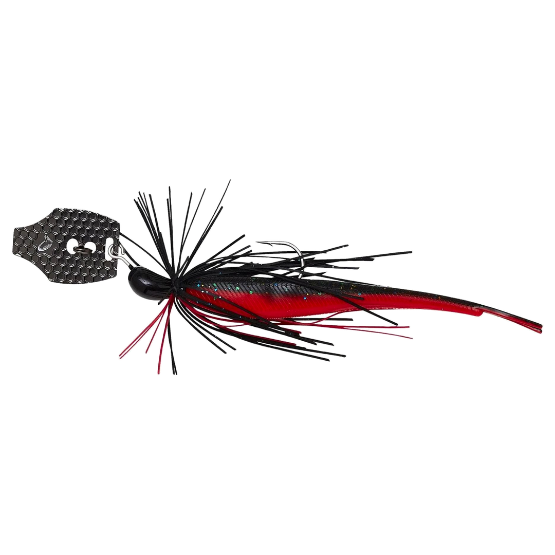 Savage Gear Crazy Swim Jig Chatterbait 10cm 8.5g Black N Red sivulta, pää vasemmalla