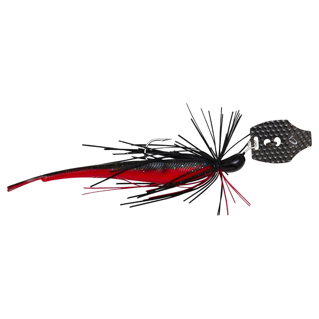 Savage Gear Crazy Swim Jig Chatterbait 10cm 8.5g Black N Red sivulta, pää oikealla