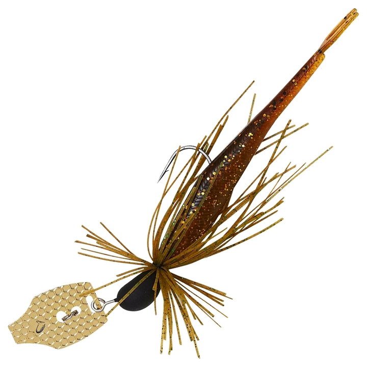 Savage Gear Crazy Swim Jig Chatterbait 10cm 8.5g, väri Motor Oil: musta pää, ruskea helma ja trailer, kultainen lapa
