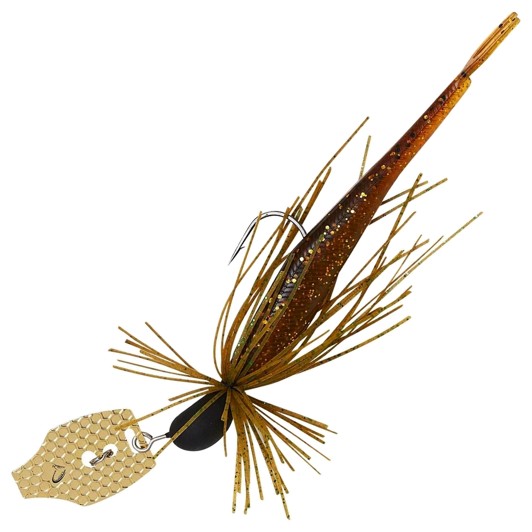 Savage Gear Crazy Swim Jig Chatterbait 12.5cm 20g, väri Motor Oil: musta pää, ruskea helma ja trailer, kultainen lapa