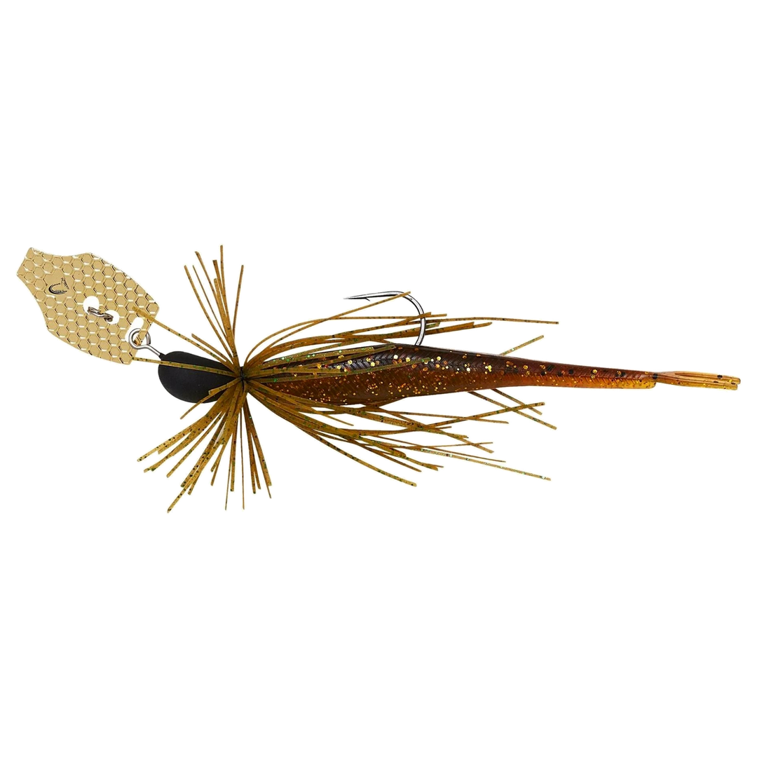 Savage Gear Crazy Swim Jig Chatterbait 12.5cm 20g Motor Oil sivulta, pää vasemmalla