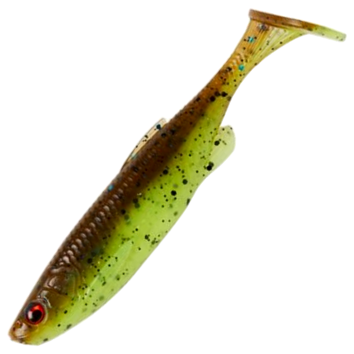Savage Gear Fat Minnow T-Tail Jigi 10.5cm, väri Chartreuse Pumpkin (CHPK): vihertävänruskea selkä ja kellanvihreä vatsa