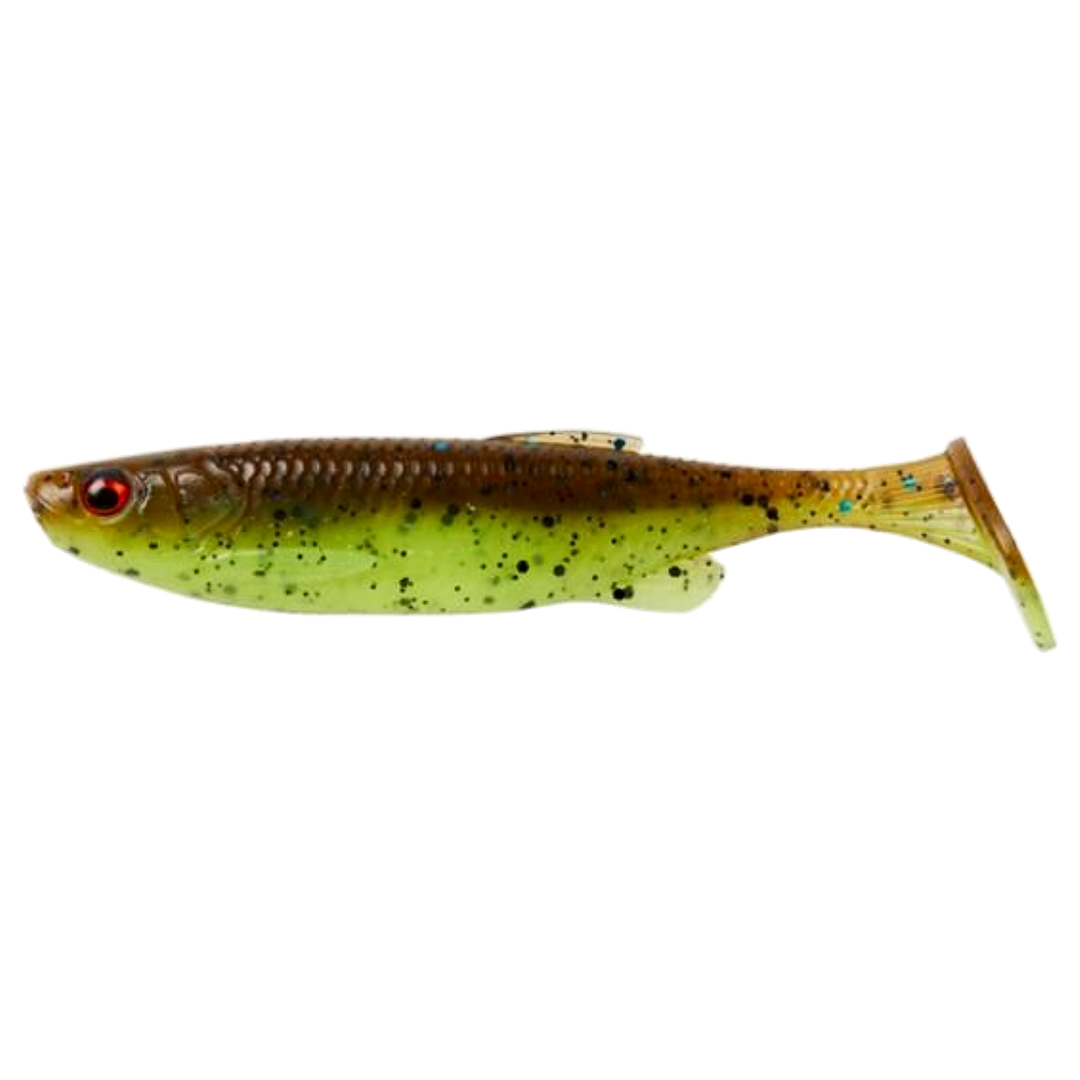 Savage Gear Fat Minnow T-Tail Jigi 10.5cm Chartreuse Pumpkin (CHPK) sivulta, pää vasemmalla