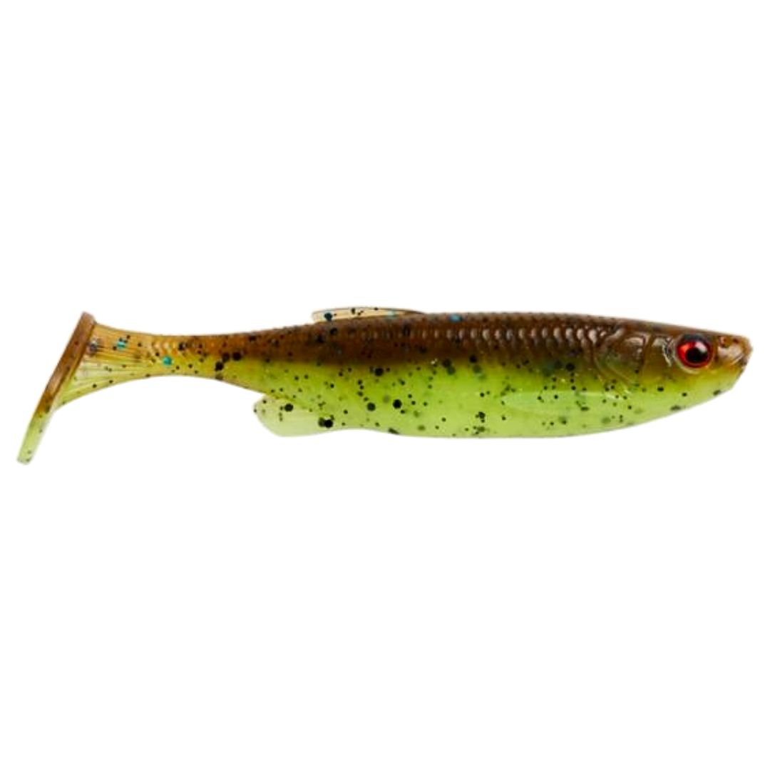 Savage Gear Fat Minnow T-Tail Jigi 10.5cm Chartreuse Pumpkin (CHPK) sivulta, pää oikealla
