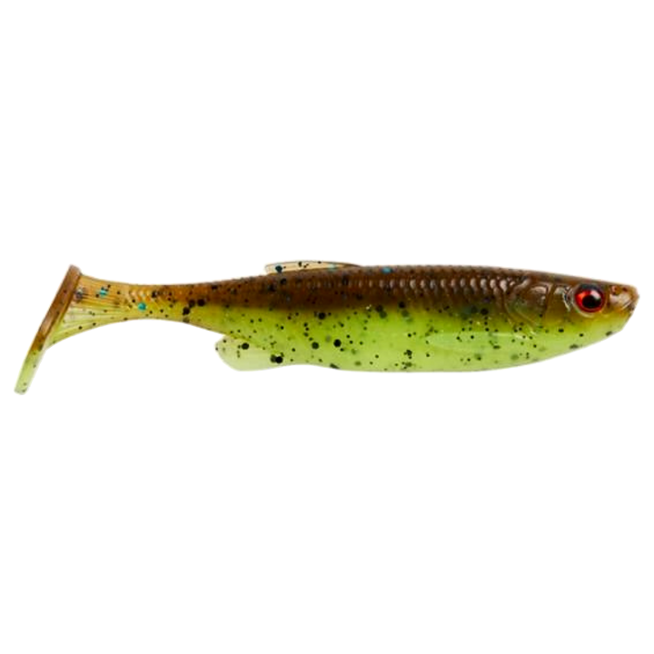 Savage Gear Fat Minnow T-Tail Jigi 10.5cm Chartreuse Pumpkin (CHPK) sivulta, pää oikealla