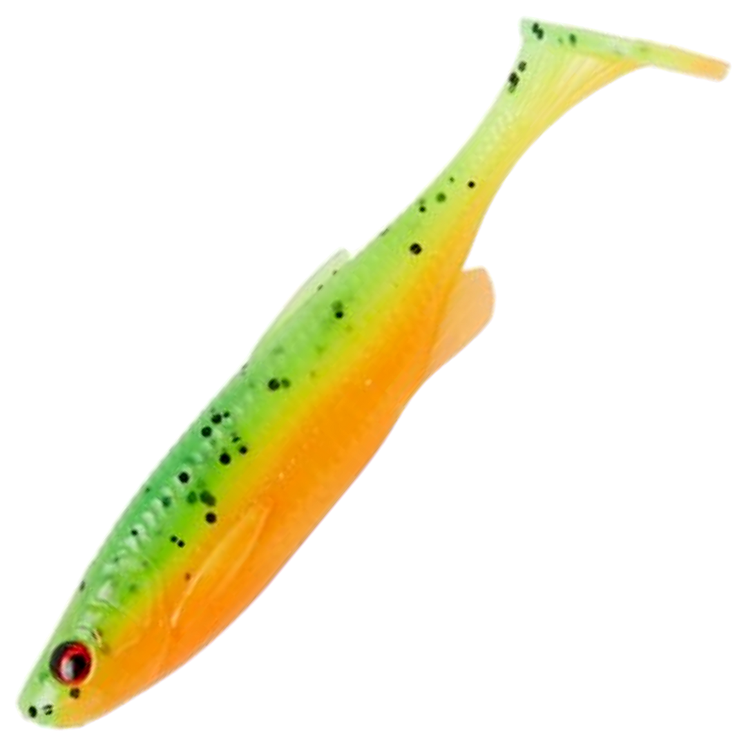 Savage Gear Fat Minnow T-Tail Jigi 10.5cm, väri Firecracker (FC): vihreä selkä, mustat pilkut ja oranssi vatsa
