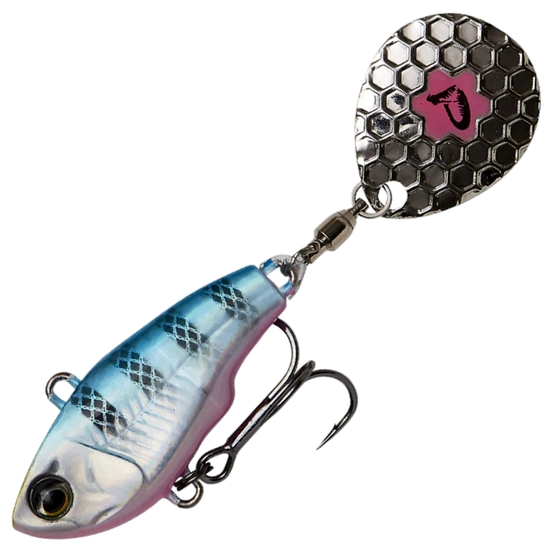 Savage Gear Fat Tail Spin 5.5cm 9g, väri Blue Silver Pink: sininen selkä, tummat raidat, pinkki vatsa ja hopeinen lippa