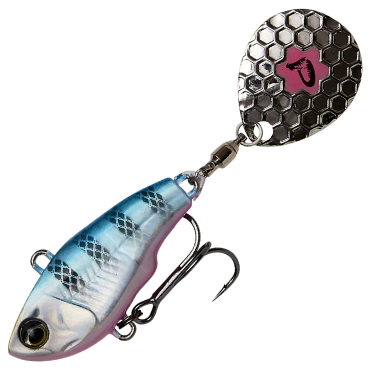 Savage Gear Fat Tail Spin 5.5cm 9g, väri Blue Silver Pink: sininen selkä, tummat raidat, pinkki vatsa ja hopeinen lippa