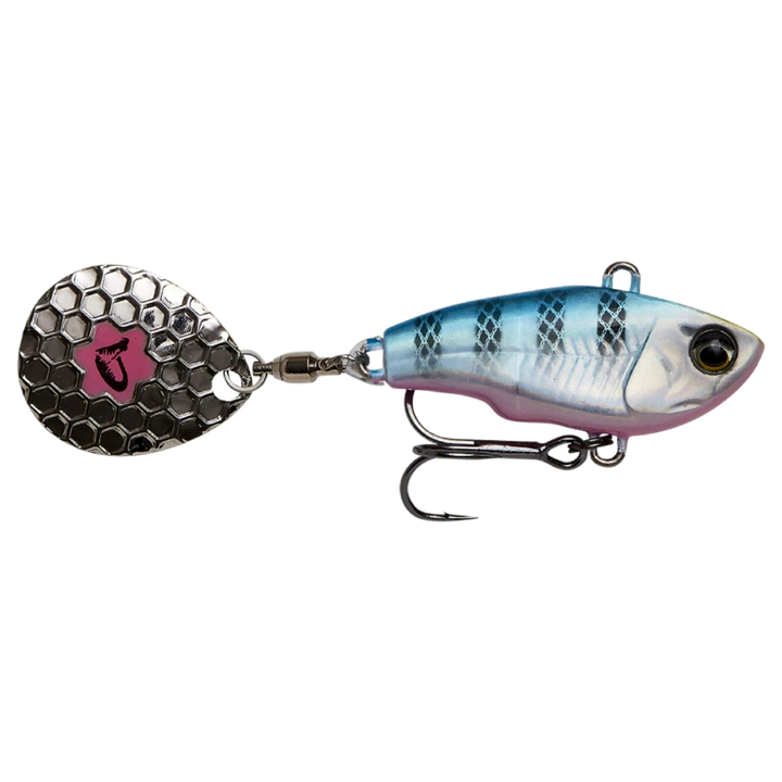 Savage Gear Fat Tail Spin 5.5cm 9g Blue Silver Pink sivulta, pää oikealla