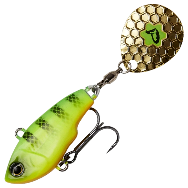 Savage Gear Fat Tail Spin 5.5cm 9g, väri Firetiger: vihreä runko, tummat raidat ja kultainen lippa