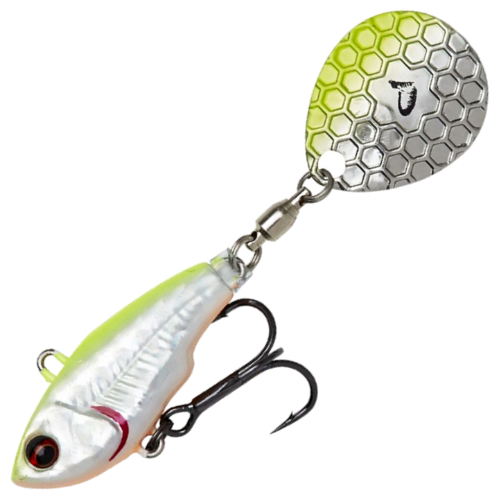 Savage Gear Fat Tail Spin 5.5cm 9g, väri Lemon Back Flash: kellanvihreä selkä, hopeinen kylki ja lippa