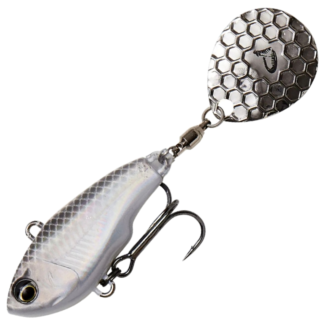 Savage Gear Fat Tail Spin 5.5cm 9g, väri White Silver: harmaa selkä, hopeinen kylki ja hopeinen lippa