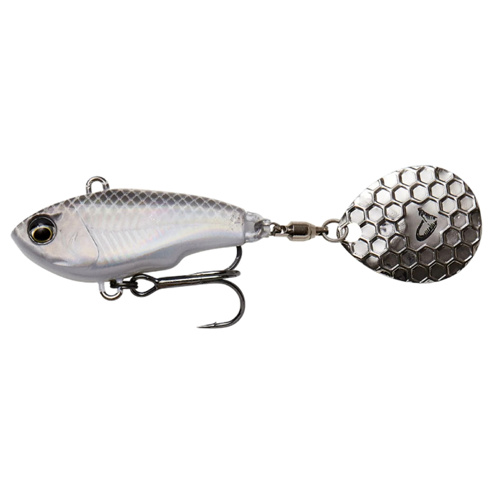 Savage Gear Fat Tail Spin 5.5cm 9g White Silver sivulta, pää vasemmalla