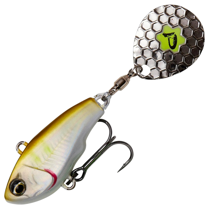 Savage Gear Fat Tail Spin 8cm 24g, väri AYU: kellertävä selkä, valkoinen kylki ja hopeinen lippa