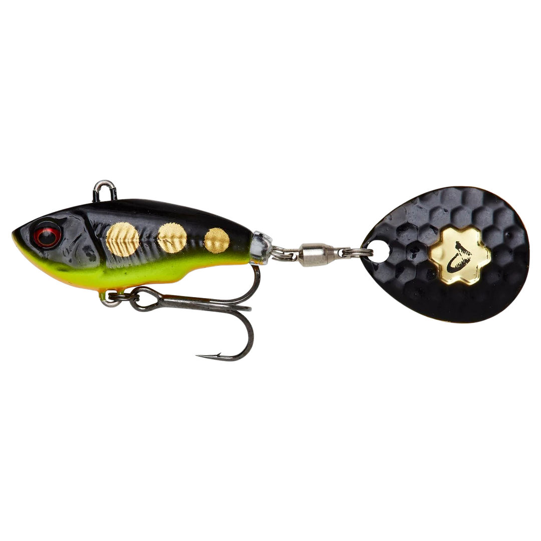 Savage Gear Fat Tail Spin 8cm 24g Black Magic sivulta, pää vasemmalla
