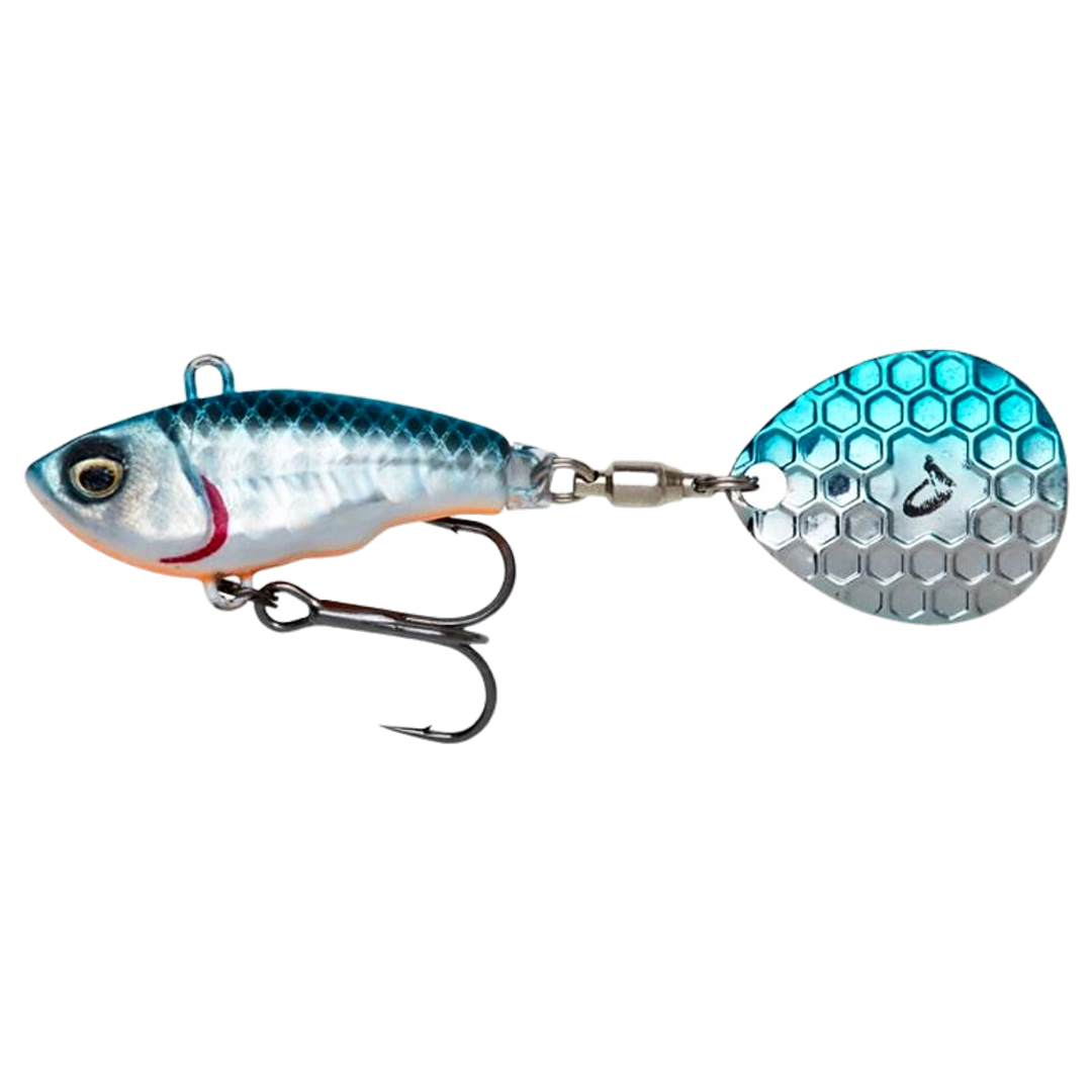 Savage Gear Fat Tail Spin 8cm 24g Blue Silver sivulta, pää vasemmalla