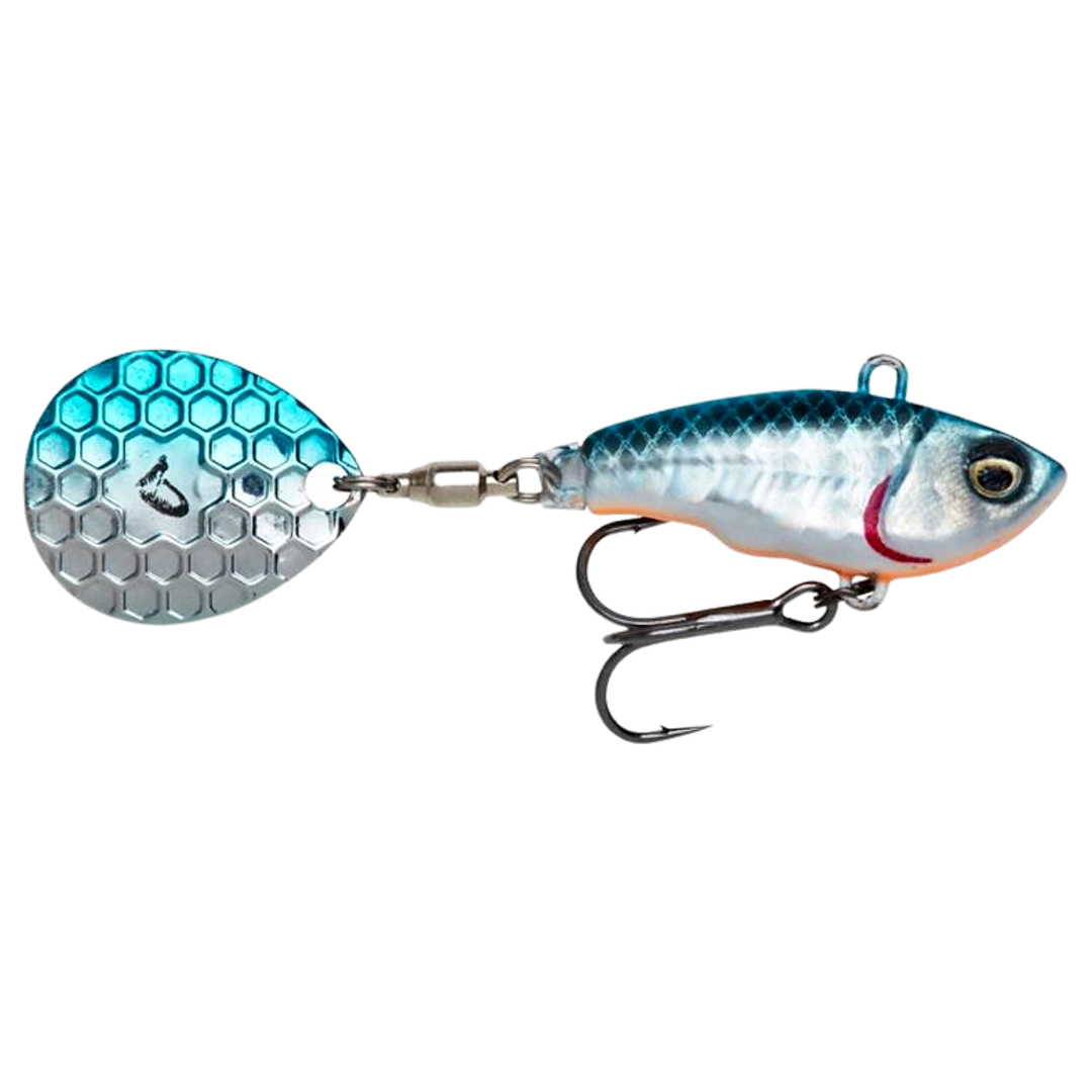 Savage Gear Fat Tail Spin 8cm 24g Blue Silver sivulta, pää oikealla