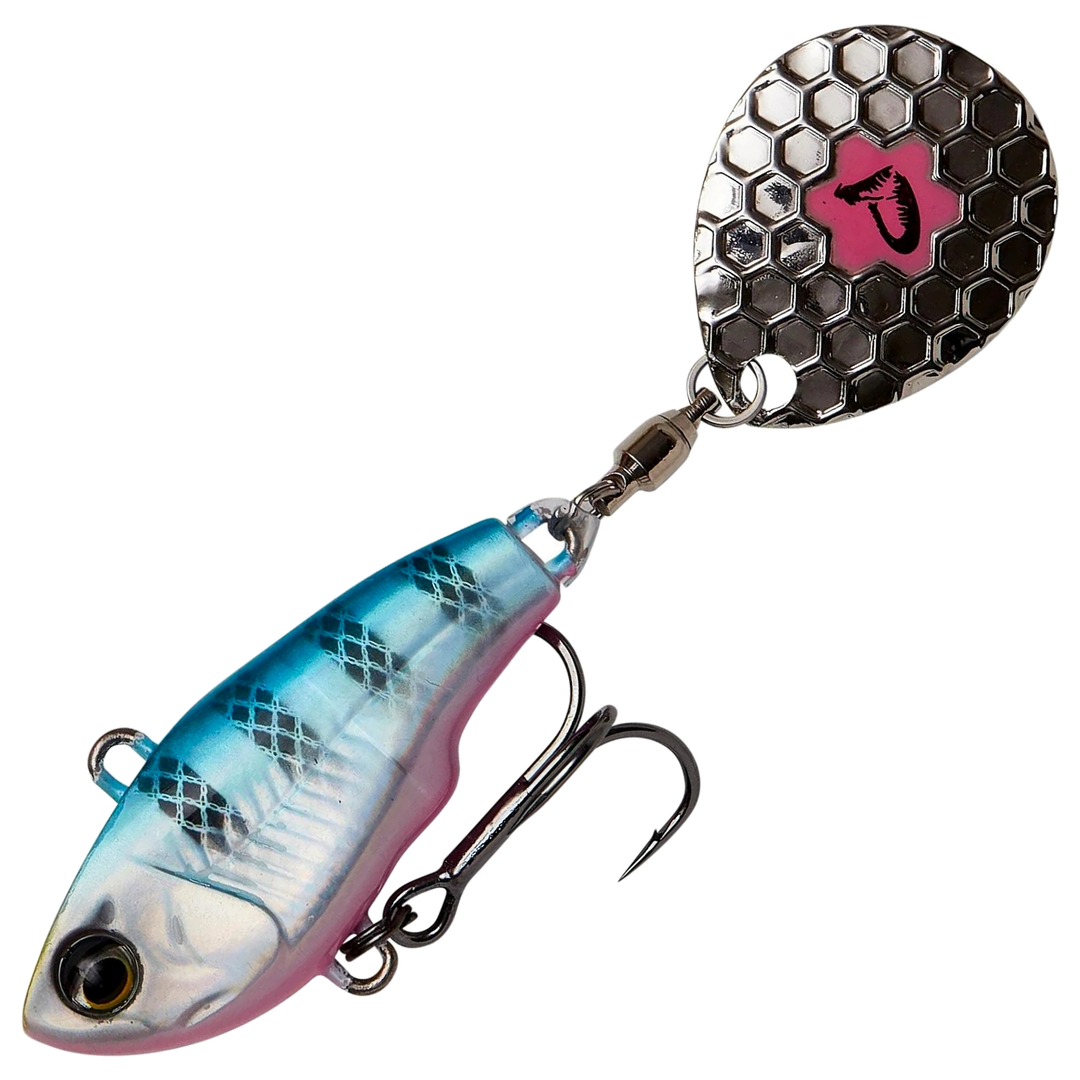 Savage Gear Fat Tail Spin 8cm 24g, väri Blue Silver Pink: sininen selkä, tummat raidat, pinkki vatsa ja hopeinen lippa
