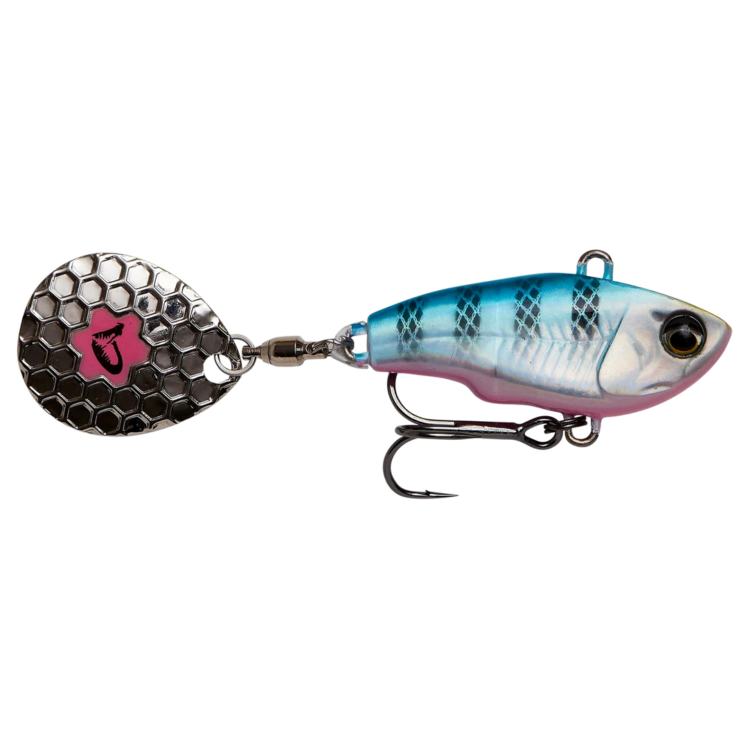 Savage Gear Fat Tail Spin 8cm 24g Blue Silver Pink sivulta, pää oikealla