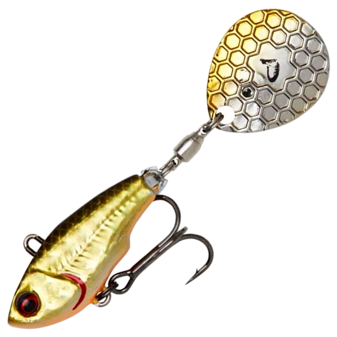 Savage Gear Fat Tail Spin 8cm 24g, väri Dirty Roach: kultainen runko ja kulta-hopeinen lippa