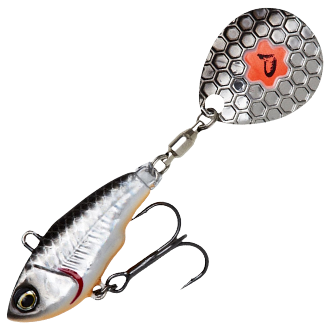 Savage Gear Fat Tail Spin 8cm 24g, väri Dirty Silver: musta selkä, hopeinen kylki ja hopeinen lippa