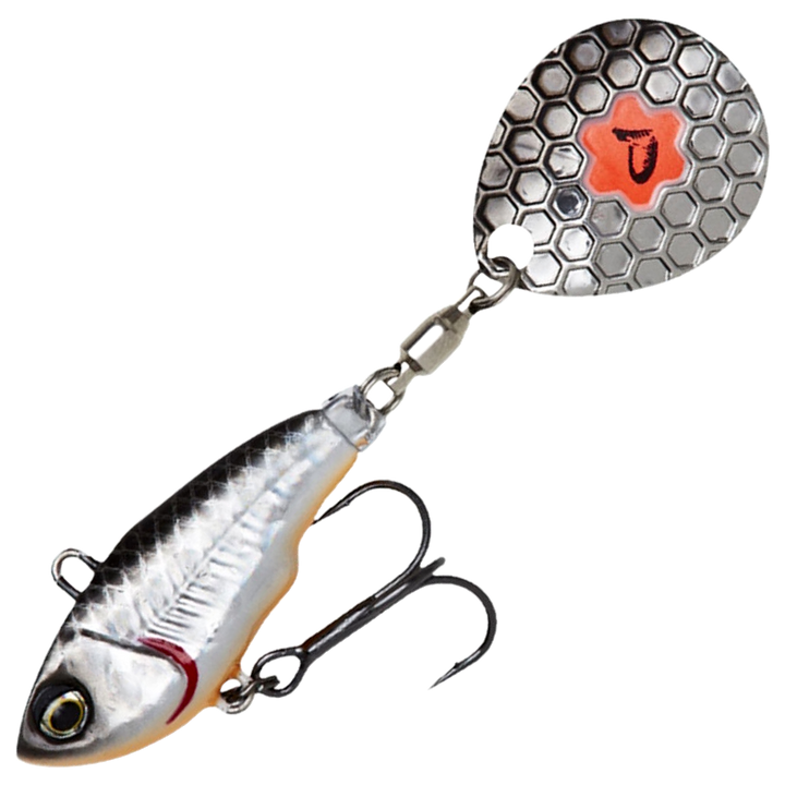 Savage Gear Fat Tail Spin 8cm 24g, väri Dirty Silver: musta selkä, hopeinen kylki ja hopeinen lippa
